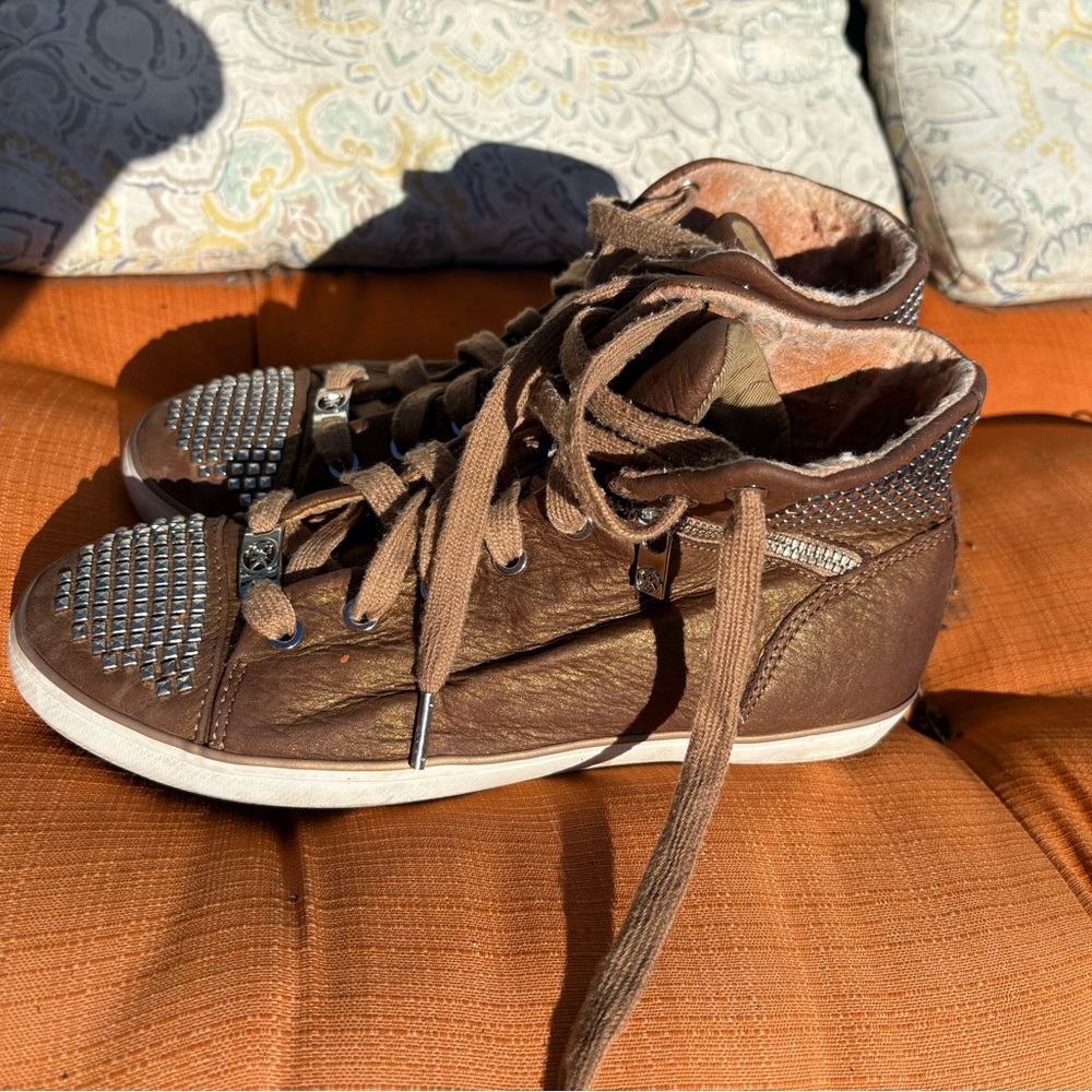 Michael Kors Brown High-Top Sneakers with Silver Studs - Picture 2 of 3